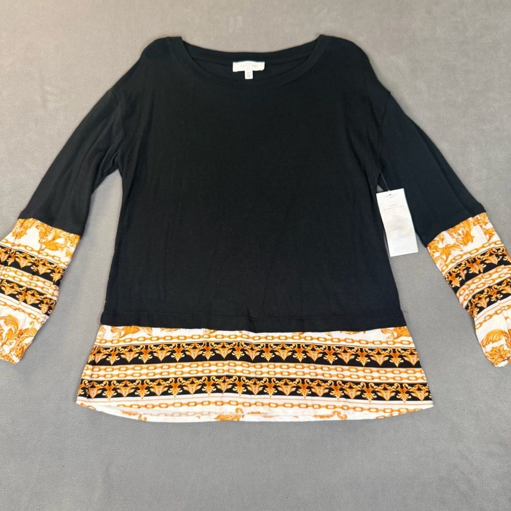 New Directions-Women’s Black/Gold Blouse/Top- Sleeve/Hem Design-Petite Small-NWT